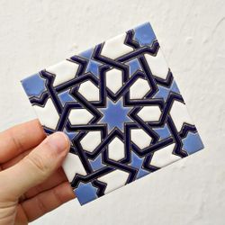 Azulejo 11 cm esmaltado con estrella califal azul