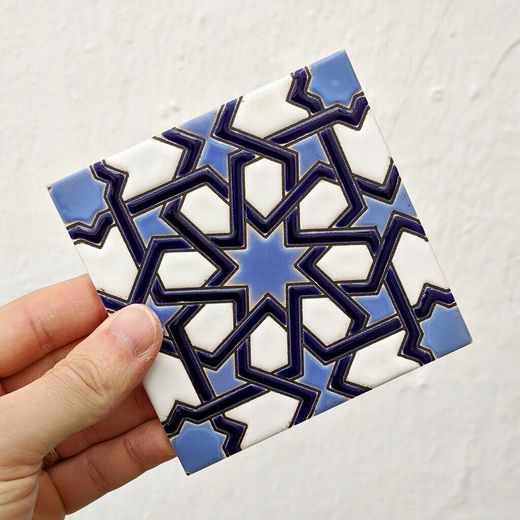 Azulejo 11 cm esmaltado con estrella califal azul
