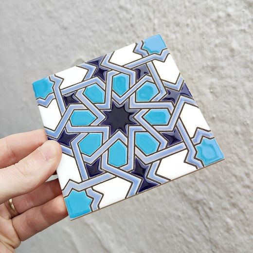 Azulejo 11 cm esmaltado con estrella geométrica azul
