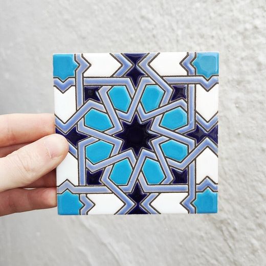 Azulejo 11 cm esmaltado con estrella geométrica azul