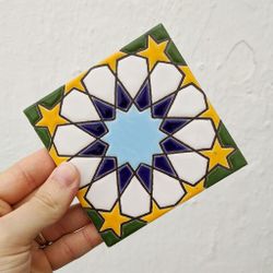 Azulejo 11 cm esmaltado con estrella califal celeste