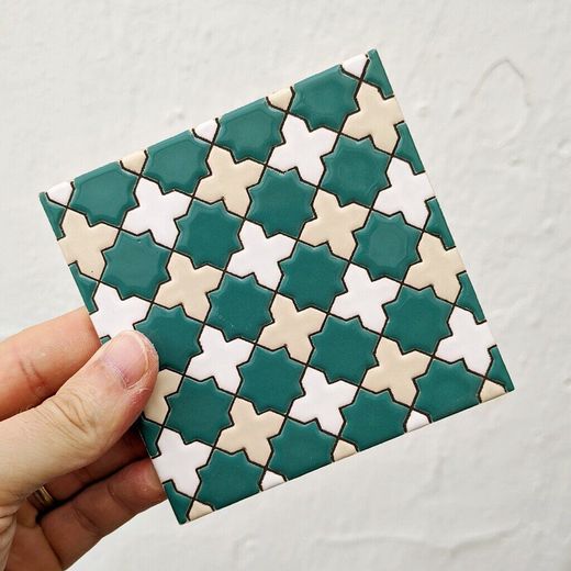Azulejo 11 cm esmaltado con mosaico de cruces turquesa