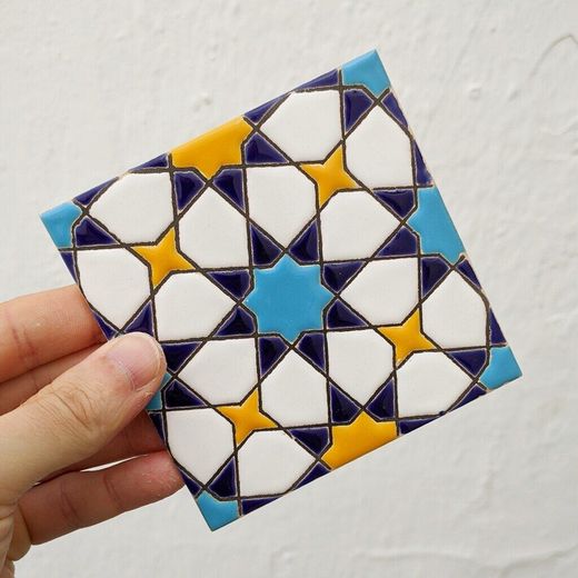 Azulejo 11 cm esmaltado con mosaico estrellado azul y amarillo