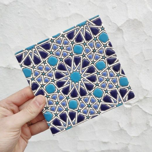 Azulejo 15 cm esmaltado con estrella califal azul