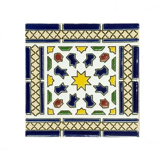 Azulejo 15 cm esmaltado con cenefa mudéjar policromada