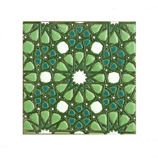 Azulejo 15 cm esmaltado con rosetón vegetal verde