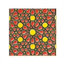 Azulejo 15 cm esmaltado con rosetón floral rojo y amarillo