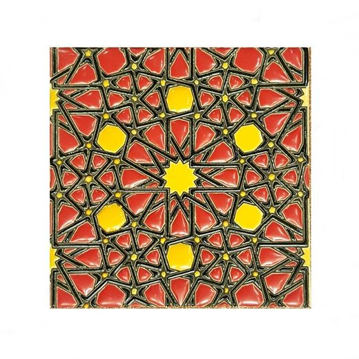 Azulejo 15 cm esmaltado con rosetón floral rojo y amarillo