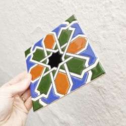 Azulejo 15 cm esmaltado con estrella andalusí policromada
