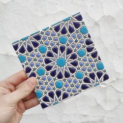 Azulejo 15 cm esmaltado con estrella califal azul
