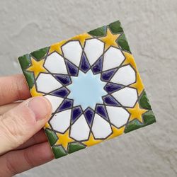 Azulejo 7,5 cm esmaltado con estrella califal azul